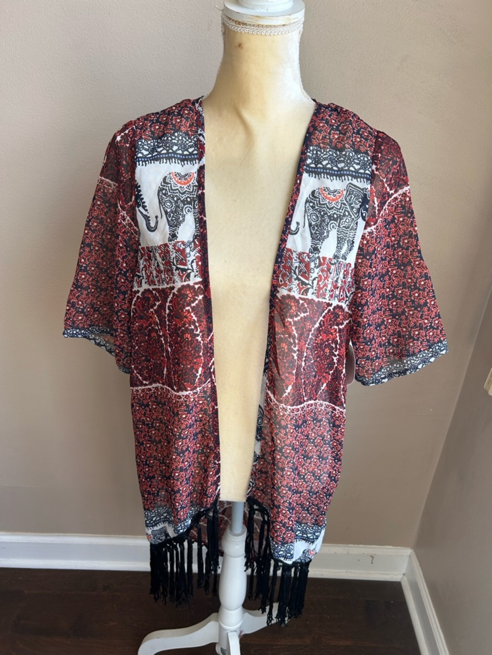 New Womens Cardigan Sz M Fringed Sheer Shirt Sleeve Boho Floral Elephants 4122 - Picture 2 of 4